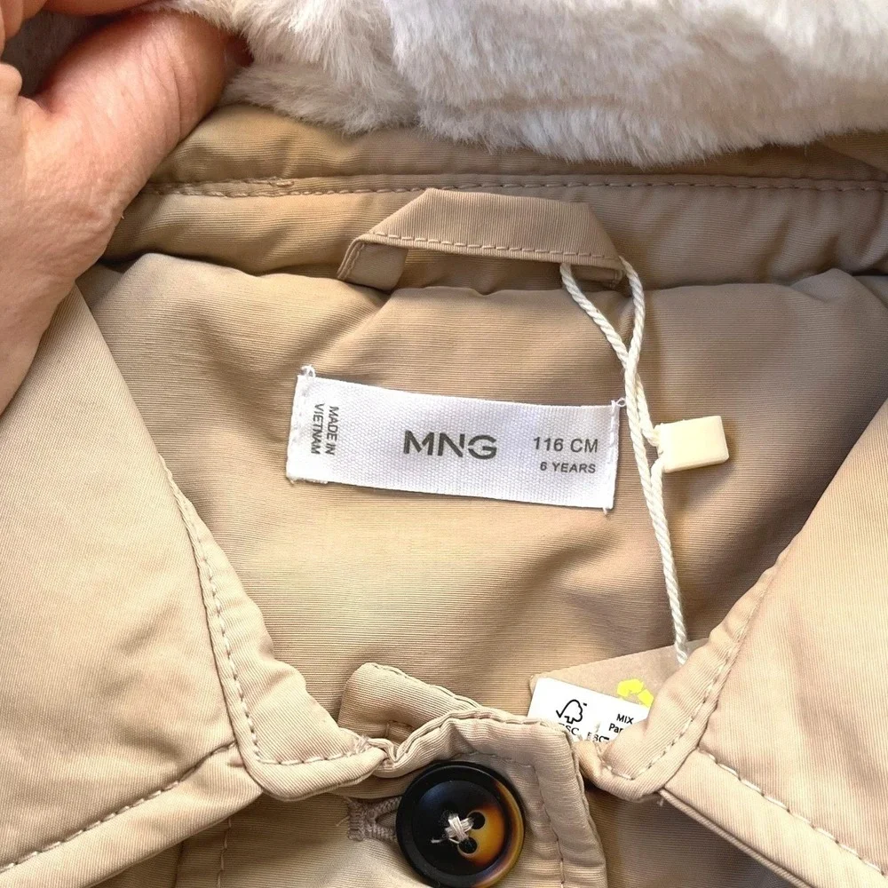 Mango Kids NEW‎ Girls Tan Faux Fur Trim Hooded Belted Parka Jacket Size 6